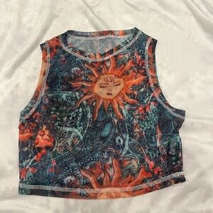 Sun and Moon Patterned Sleeveless mesh Crop Top